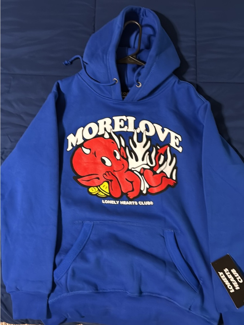 Small Lonely Hearts Club Cobalt Blue Hoodie with White and Red Graphic